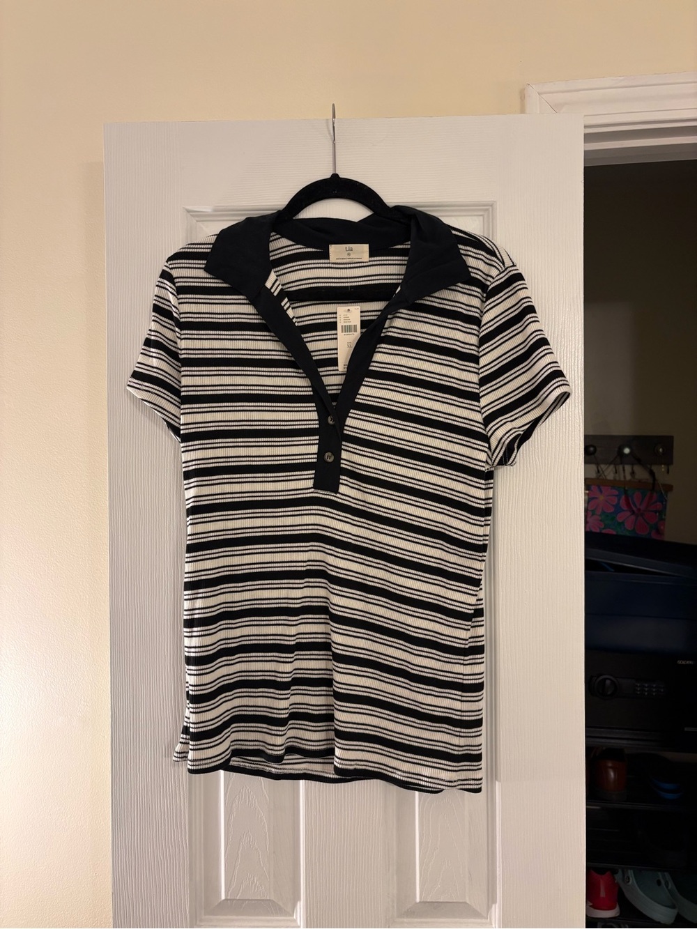 NWT Anthropologie Black and White Striped Polo Tee